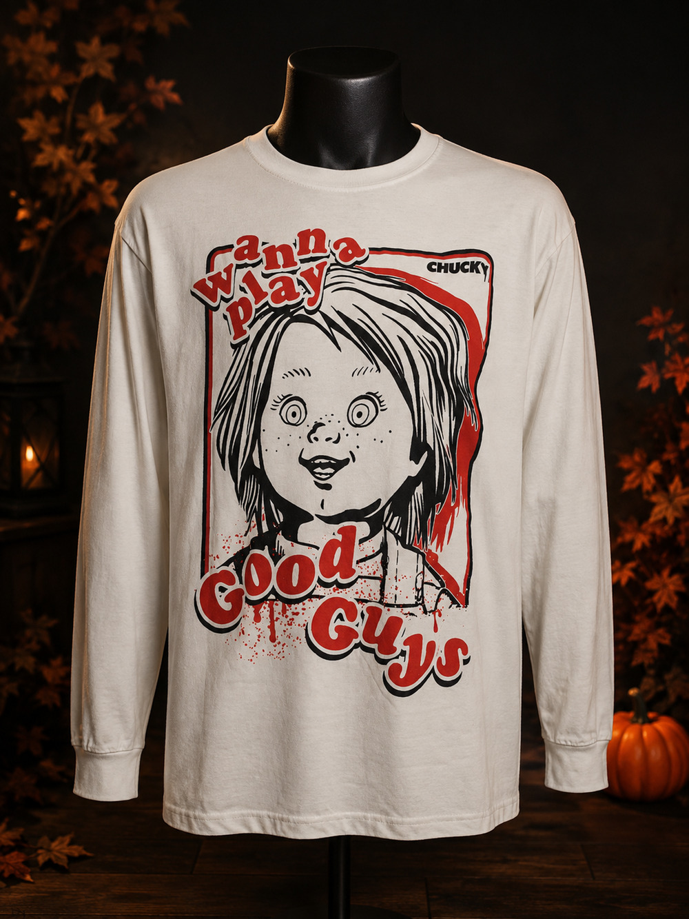 Ripple Junction Chucky Wanna Play Shirt Mens L White Long Sleeve Horror NWOT